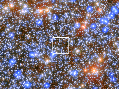 A new coloured ESA/Hubble image of Omega Centauri showing location of black hole. Credit: ESA/Hubble & NASA, M. Häberle (MPIA) 